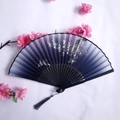 Ancient style purple gradient bamboo folding fan with silver bird patterns and black tassel - Purple-Black Gradient Silver Flower and Bird Women's Fan Style