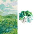 Detail showing high-quality satin scrunchie with French oil painting pattern inspiration - Windy Wheat Field