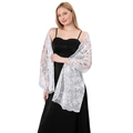 Elegant white floral lace shawl with silver sequins for wedding and evening dresses. - White