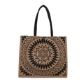 Ethnic linen tote bag with black sun mandala pattern and black fabric handles - Pattern 4 Large Mandala