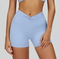 High waist light blue yoga shorts with V-cross waistband for fitness and running - M / Blue