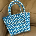 Blue and white woven tote bag with V-shaped pattern and dual handles - Small (No Bow) / Blue Stripe