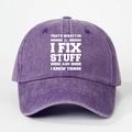 Close-up of purple washed cotton baseball cap with I FIX STUFF slogan and wrench icon - One Size / Dark Purple
