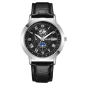 Reloj de cuarzo KOLAKO para hombre con correa de cuero negro y esfera de fases lunares - Esfera Negra Caja Plateada Correa Negra