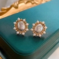 French vintage sunflower pearl earrings with oval iridescent stone on green velvet box - 104# Artificial Pearl Oval Stud Earring / Gold
