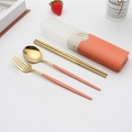 Portable golden stainless steel cutlery set with orange handles and travel case - Type F Orange+Gold