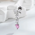 Silver bow earring with pink heart crystal and cubic zirconia tassels on screw back stud - Tassel Bowknot (Single Piece) (A1071)