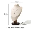 Large beige canvas necklace display bust with dark walnut wood base 31.5cm high - Large Mannequin Necklace Stand - Beige Velvet