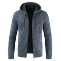 Thick grey-blue hooded knit cardigan for men with warm black fleece lining and zip front - M / Blue