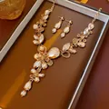 Golden flower necklace and earrings set with amber water-drop crystals for formal events - Champagne Set