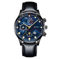 Herren Business Quarz-Armbanduhr mit blauem Chronograph-Zifferblatt und Lederarmband - Blaues Zifferblatt Goldene Zeiger Schwarzes Gehäuse