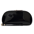 Glossy black shell-shaped makeup bag in patent leather with a wristlet and metal zipper - Black