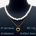 Double-layered baroque pearl and gold chain necklace set with hollow heart charm - Pearl Chain with Hollow Heart Pendant Style(KN203297-KFC)