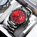 Men's business watch with a red radial dial and a sleek black brushed steel strap - Black Band Red Face