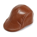Classic dark brown leather beret hat for men and women featuring vintage stitched panels - Adult / Light Coffee