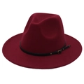 Close-up of burgundy fedora hat featuring a black leather belt and gold buckle detail - Wine Red (Small Black Leather Belt)