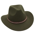 Detail view of olive green fedora hat with brown leather band and silver metal rivets - One Size / Army Green