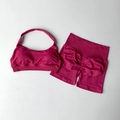 Detail of dark magenta halter sports bra and high-waisted scrunch butt shorts set - S / Raspberry