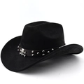 Black faux suede cowboy hat with silver skull emblem and studded decorative band - M (56-58cm) / Black