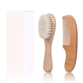 Baby wooden hairbrush and comb 3-piece set with soft goat bristles in a white gift box - Beech Wood Wool Brush 2-Piece Set with Box