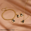 Golden stainless steel jewelry set featuring black bear charms with small golden hearts - Black Shell Gold Color Bear Jewelry Set