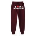 Dark red joggers with I Love My Boyfriend print and comfortable drawstring waist - S / Wine Red (Boyfriend)