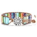 Bohemian multi-color emperor stone wrap bracelet with sunflower clasp and brown cord - Colorful Emperor Stone/Sunflower Silver Button