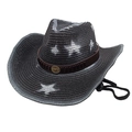 Detail of black straw cowboy hat with leather band, metal bull head and chin strap - Black
