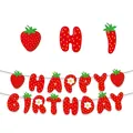 Σετ πανό HAPPY BIRTHDAY με θέμα φράουλα, κόκκινα σχέδια φρούτων και λευκά άνθη διακόσμησης - Πανό Γενεθλίων Φράουλα