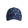 Close-up of deep purple baseball cap with dense green cactus and pink flower prints - One Size / Dark Blue Cactus