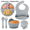 Grey 6-piece silicone baby feeding set with suction plate, bowl, bib, cup, fork and spoon - Gray-6Pcs Set