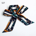 Elegant navy blue silk hair scarf with orange chain pattern tied in a bow - S27-Navy Geometric Chain