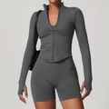 Dark grey ribbed yoga jacket with high waist shorts featuring thumbholes and full zip - S / Dark Gray