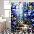 Détail du rideau de douche forêt féerique 180x180cm avec motifs de fleurs et papillons - 90*180cm / vert olive