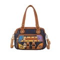 Deep blue washed leather handbag with colorful patchwork, stones and double handles - Dark Blue