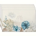 Detailed view of linen texture placemats with blue seashell and coral watercolor patterns - Watercolor Ocean
