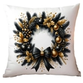 Luxurious Christmas pillow cover with black and gold wreath and large satin bow - Luxury Black Gold Wreath