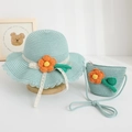 Kids wide brim straw sun hat and matching crossbody bag set with orange crochet flowers - Kids One Size / Light Blue / Hat and Bag Set