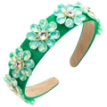 Detail of green floral headband with crystal petals and sparkling rhinestone center - Green