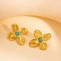 Golden flower earrings with turquoise center stone and textured petals for women - Gold Radiating Flower Turquoise Studs