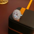 Anillo de circón ovalado plateado con halo brillante en elegante caja de regalo de lujo - Estilo Plateado Chapado en Oro Real / Plateado