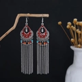Bohemian silver tassel earrings with red enamel and vibrant multi-colored beads - Long Tassel Color Bead Red Style (E6141-3)