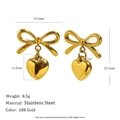 18K gold plated stainless steel bow and heart earrings with size and weight specs - Bow Heart Studs - Gold - Ear Clip