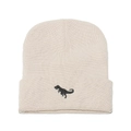 Nahaufnahme der cremefarbenen Strickmütze mit schwarzer Dinosaurier-Stickerei und Rippmuster - Beige