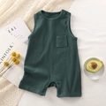 Dark green sleeveless cotton baby romper with rib-knit texture and front pocket detail - 66 / Dark Green