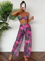 Three-piece bikini set with sheer mesh wide-leg pants and tropical leaf print pattern - Rose Red