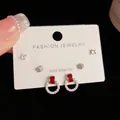 Three-piece Korean earring set featuring S925 silver needles and sparkling crystals - Silver-Circle Square Set (21#)