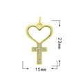 Macro view of gold heart cross pendant with blue zircon stones and size measurements - Style 11