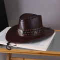 Dark brown leather western cowboy hat with turquoise metal buckle and woven trim - Dark Red / Adult (55-60cm)