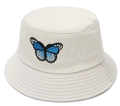 Beige cotton sun hat featuring detailed blue butterfly embroidery and soft wide brim - Beige Blue Butterfly Embroidery